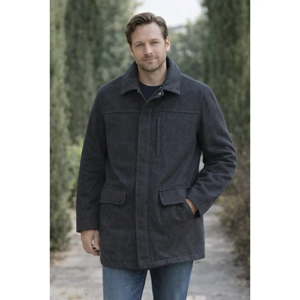 J. Crew Wool Blend Men Black Jacket Size Large Zip up front Pea Coat Pockets